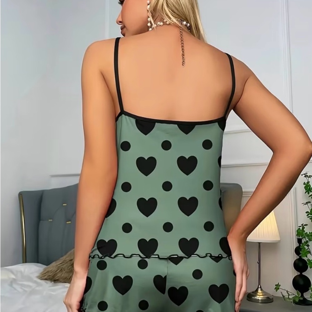 Olive Green Heart Print Satin Cami and Shorts Sleep Set - Picture 3 of 3